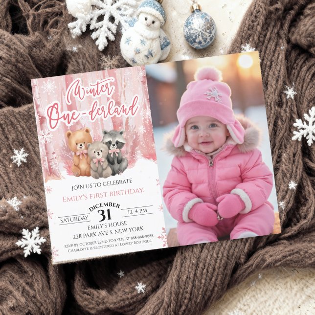 Papier Winter Onederland Pink First Bday Photo Invitation (Créateur téléchargé)