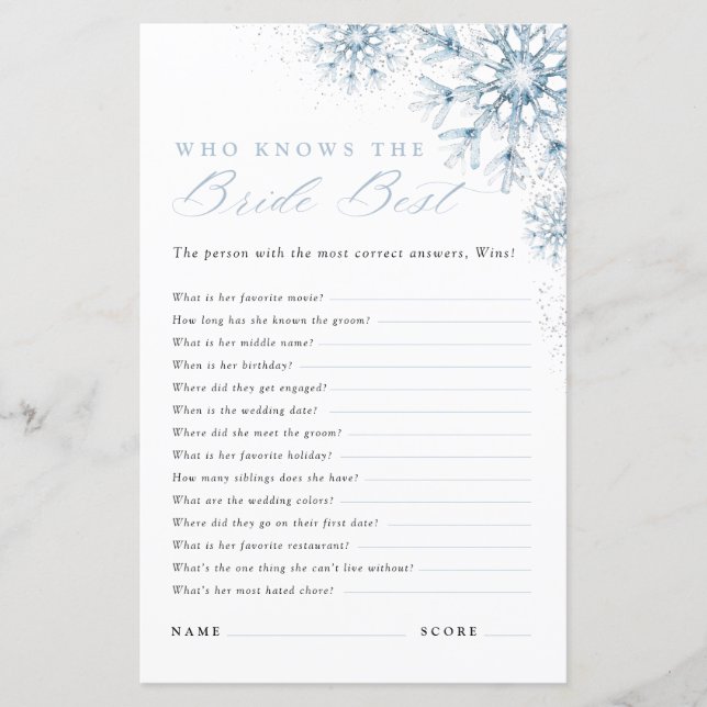 Papier Winter Who Knows the Bride Best Bridal Shower (Devant)