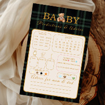 Wishes for Baby Game Card Green Plaid Teddy Bear