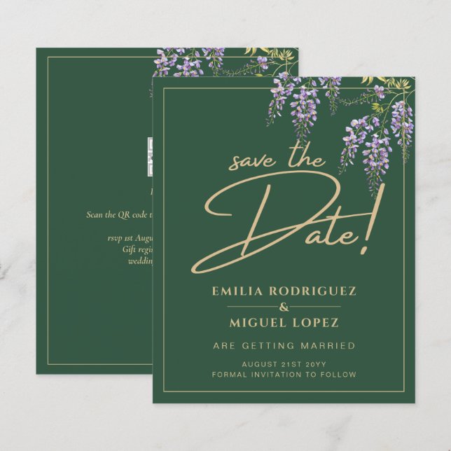 Papier WISTERIA DE BUDGET Or Vert SAUVER LA DATE (Devant / Derrière)