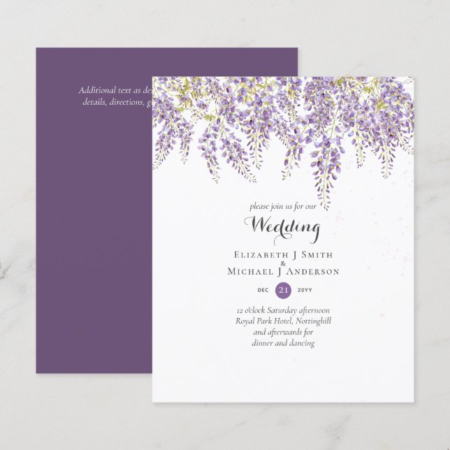 Papier Wisteria Floral Garden Lavender Mariage violet (Devant / Derrière)