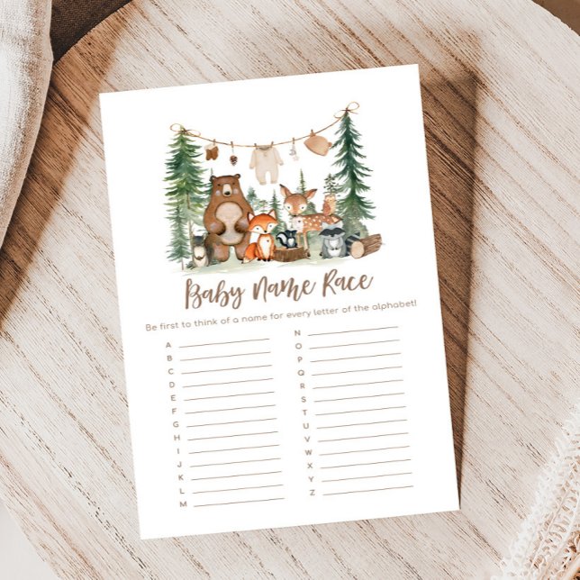 Papier Woodland Animals Baby Shower Name Race Game (Woodland Animals Adventure Awaits Rustic Baby Shower Game)