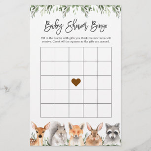 Papier Woodland Animaux Baby shower Jeu de Bingo