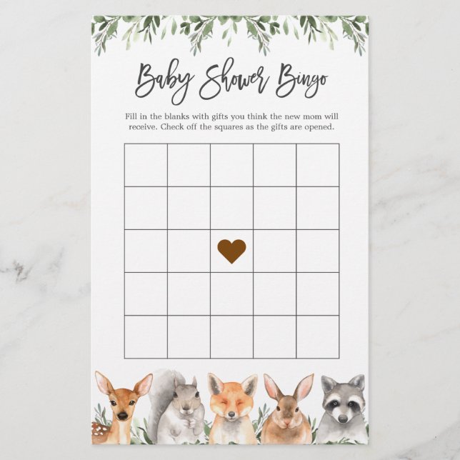 Papier Woodland Animaux Baby shower Jeu de Bingo (Devant)