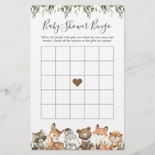 Papier Woodland Animaux Baby shower Jeu de Bingo
