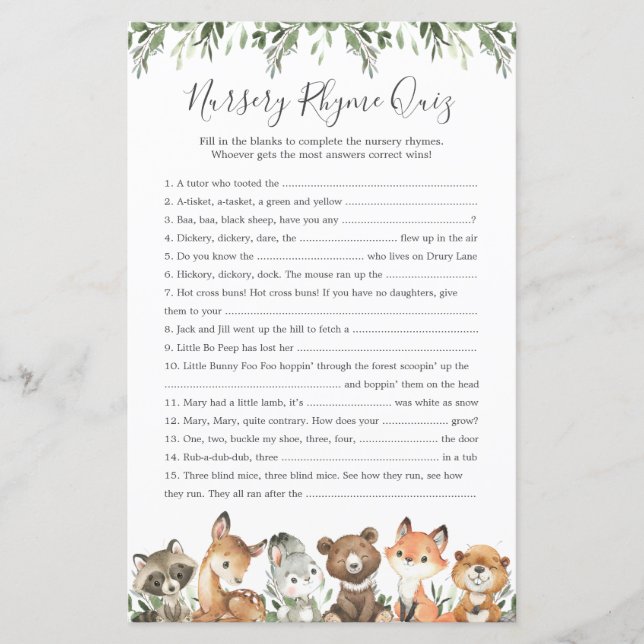 Papier Woodland Animaux Baby shower Nursery Rhyme Quiz (Devant)