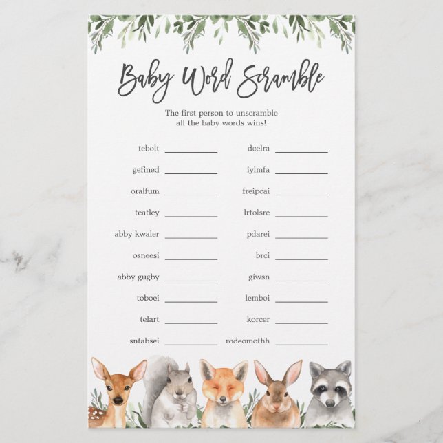 Papier Woodland Animaux Baby shower Word Scramble Jeu (Devant)