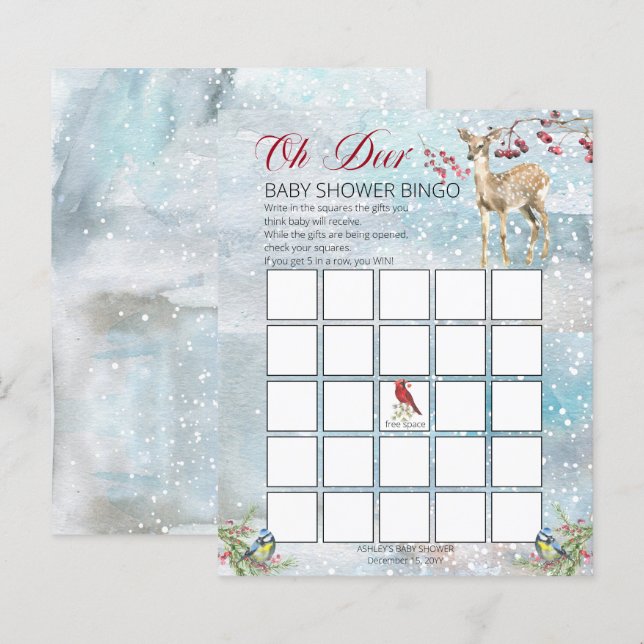 Papier Woodland Animaux Winter Boy Baby shower Bingo Card (Devant / Derrière)
