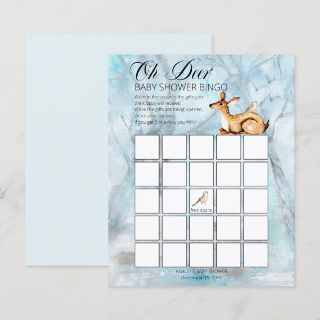 Papier Woodland Animaux Winter Boy Baby shower Bingo Card (Devant / Derrière)