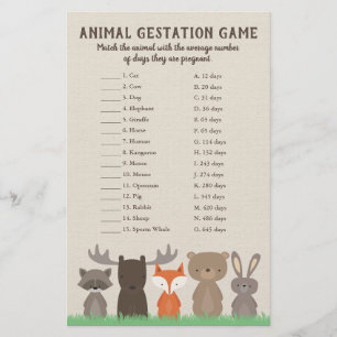 Papier Woodland Baby shower Animal Gestation Quiz du jeu