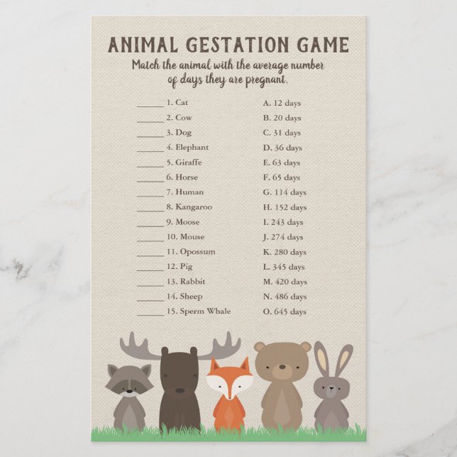 Papier Woodland Baby shower Animal Gestation Quiz du jeu (Devant)