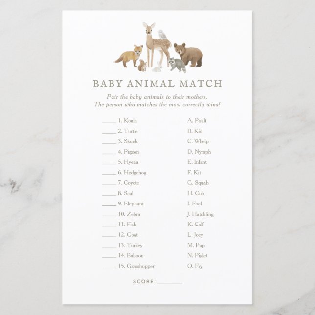 Papier Woodland Baby shower Baby Animal Match Jeu (Devant)