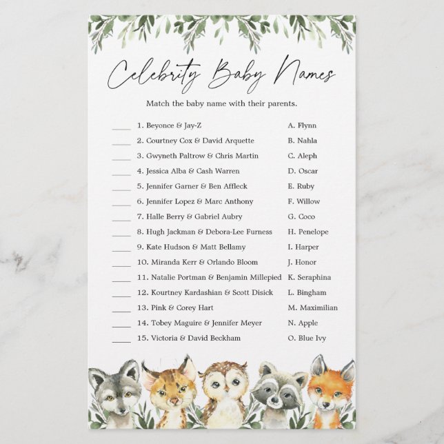 Papier Woodland Baby shower Celebrity Baby Names Jeu (Devant)