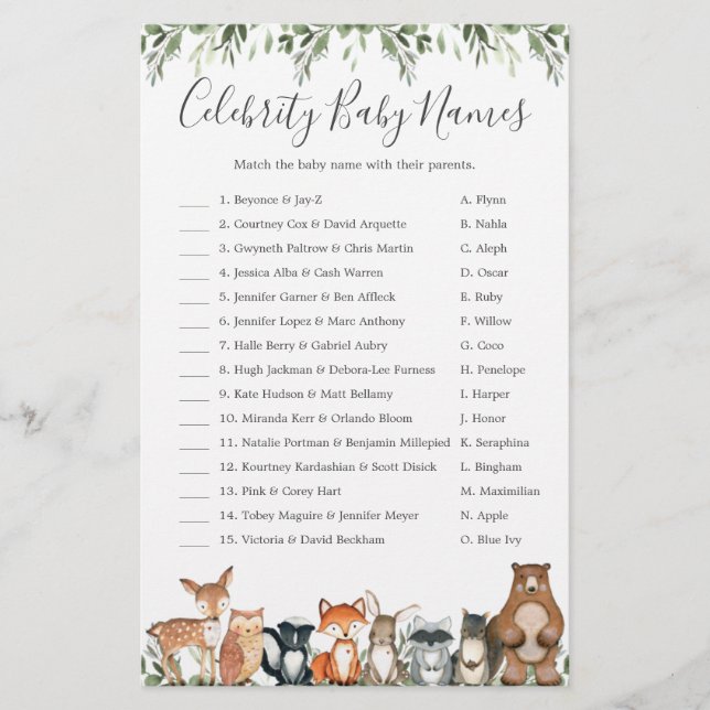 Papier Woodland Baby shower Celebrity Baby Names Jeu (Devant)