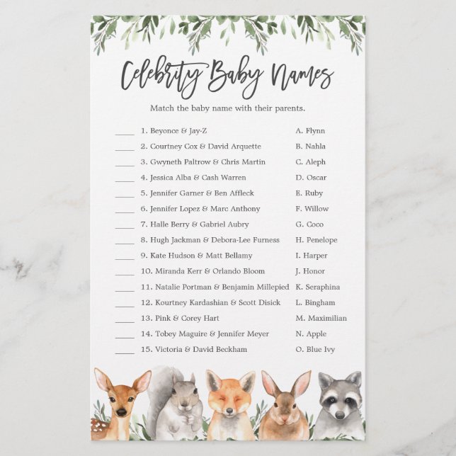 Papier Woodland Baby shower Celebrity Baby Names Jeu (Devant)