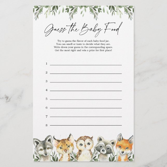 Papier Woodland Baby shower Devine The Baby Food Game (Devant)