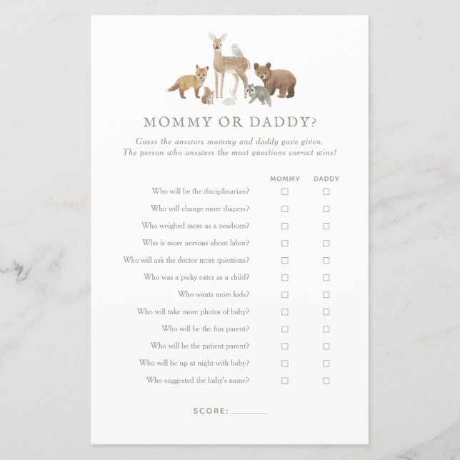 Papier Woodland Baby shower Devinez qui maman ou papa jeu (Devant)