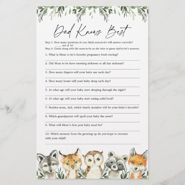 Papier Woodland Baby shower Papa connaît le meilleur jeu (Devant)