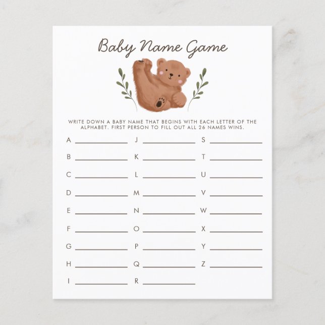 Papier Woodland Bear Baby Name Shower Game (Devant)