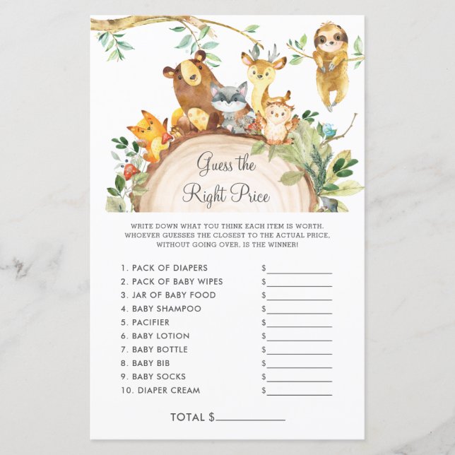 Papier Woodland devine le bon prix jeu de Baby shower (Devant)
