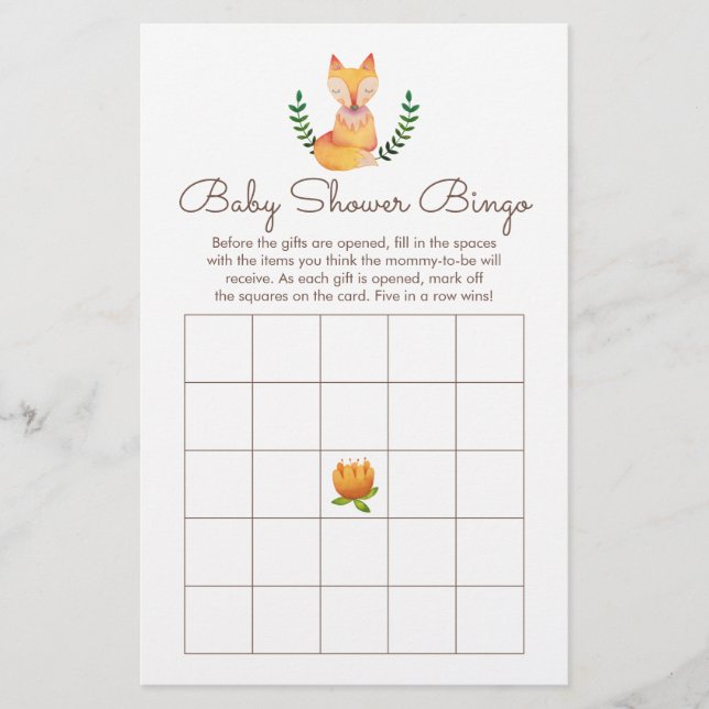 Papier Woodland Fox Baby shower Jeu de Bingo (Devant)