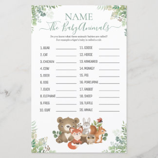 Papier Woodland Greenery Douche Bébé Nom animal Jeu