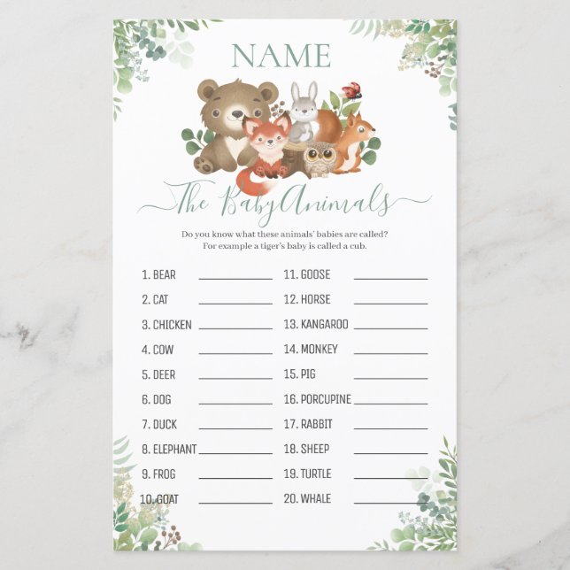 Papier Woodland Greenery Douche Bébé Nom animal Jeu (Devant)