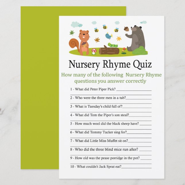 Papier Woodland Nursery Rhyme Quiz jeu de baby shower (Devant / Derrière)