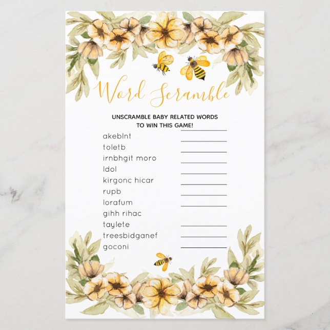 Papier Word Scramble Jeu Bee baby shower Botanique (Devant)