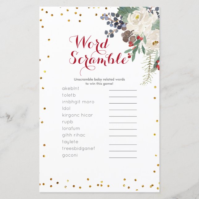 Papier Word Scramble Jeu hiver Blanc Floral Noël (Devant)