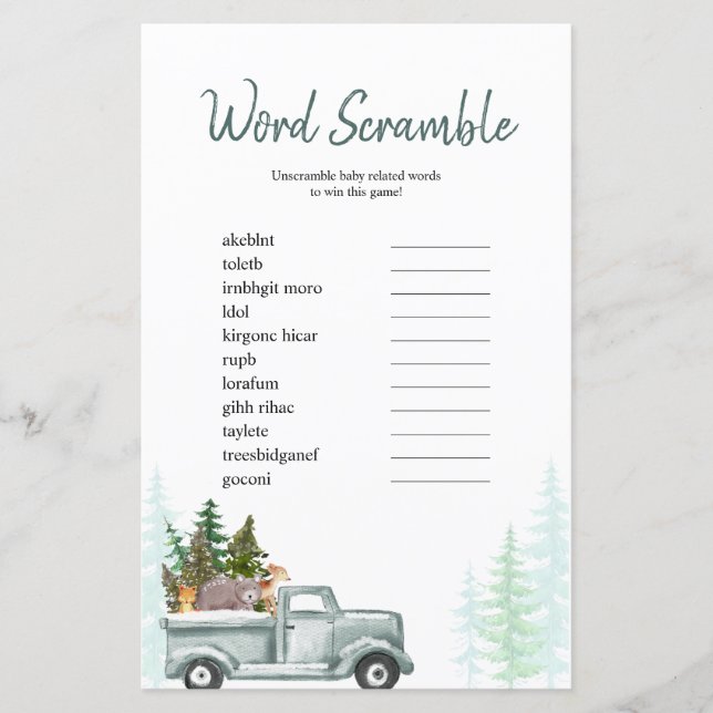 Papier Word Scramble Jeu Hiver Bois Pins Arbres (Devant)
