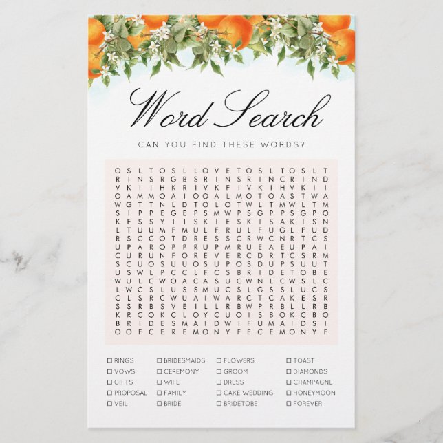 Papier Word Search Oranges Game Fête des mariées Card (Devant)