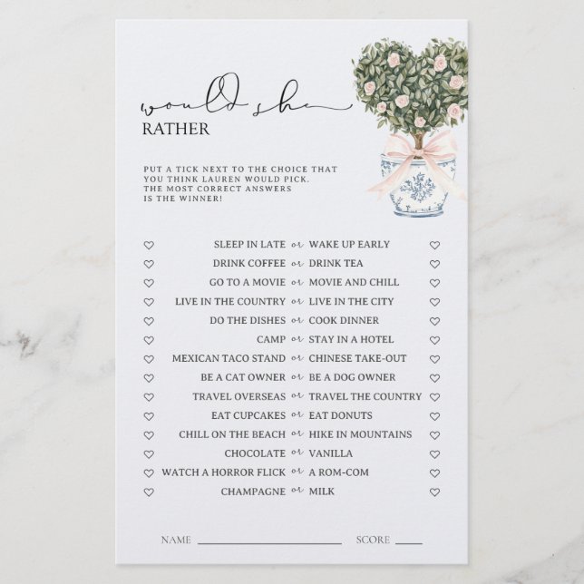 Papier Would She Rather Chinoiserie Pink Shower Game (Devant)