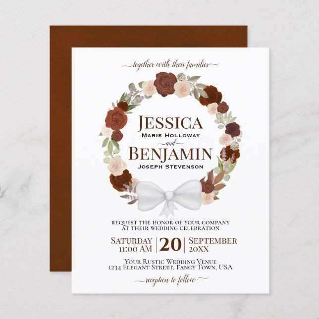 Papier Wreath of Rust Orange Rose BUDGET Wedding Invitati (Devant / Derrière)