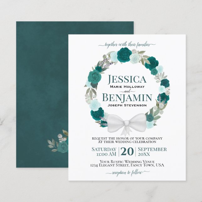 Papier Wreath of Turquoise Roses Élégant BUDGET Mariage I (Devant / Derrière)
