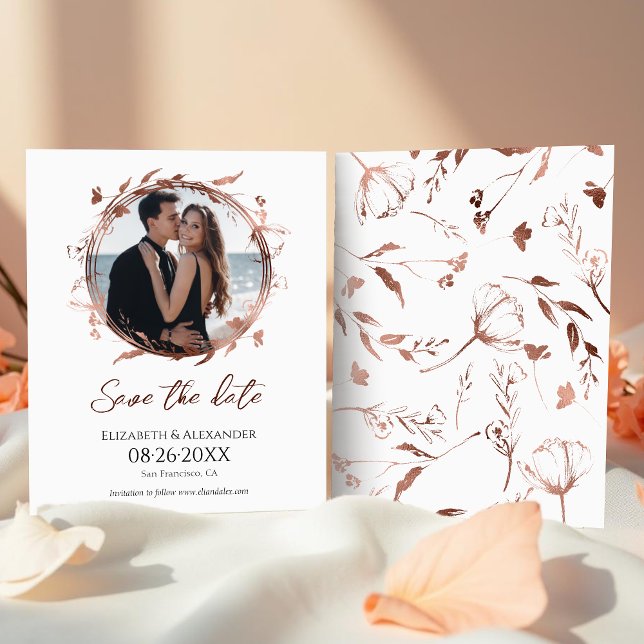 Papier Wreath Rose Gold Foil Photo Enregistrer la date (Créateur téléchargé)