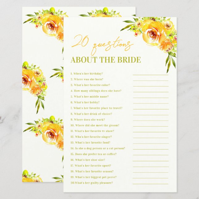 Papier Yellow Floral 20 Questions About the Bride Game (Devant / Derrière)