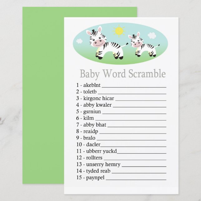 Papier Zebra Baby jeu de brouillage de mot (Devant / Derrière)