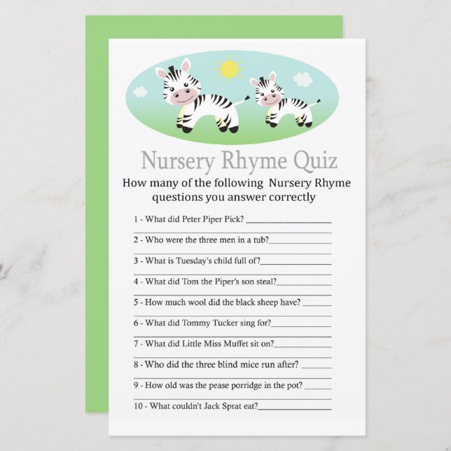 Papier Zebra Nursery Rhyme Quiz jeu de baby shower (Devant / Derrière)