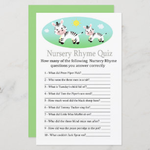 Papier Zebra Nursery Rhyme Quiz jeu de baby shower