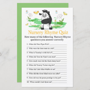Papier Zebra Nursery Rhyme Quiz jeu de baby shower