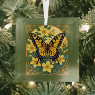 Papilio glaucus Butterfly With Yellow Jasmine Glass Ornament