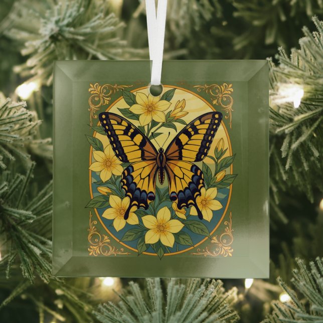 Papilio glaucus Butterfly With Yellow Jasmine Glass Ornament (Insitu)
