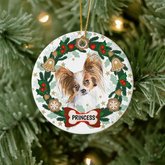 Papillion Dog Christmas Cute Dog Cookie Wreath Ceramic Ornament (Tree)