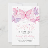 Papillon 1er anniversaire Invitation Pink Purple G