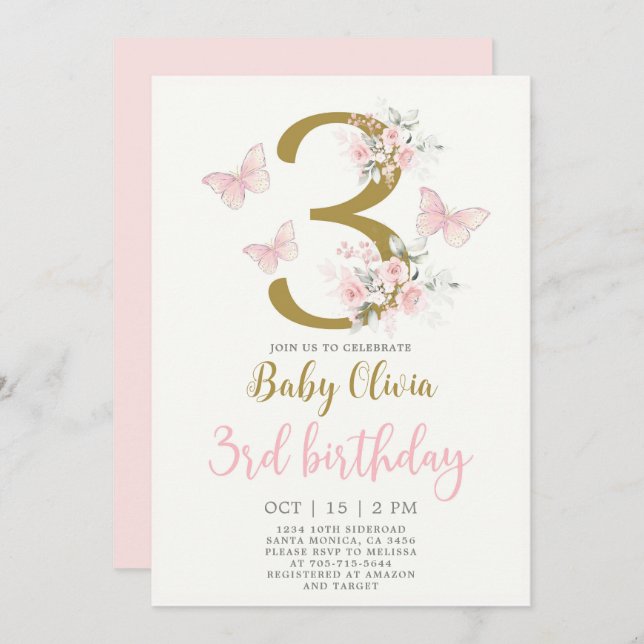 Papillon 3ème anniversaire Invitation (Devant / Derrière)