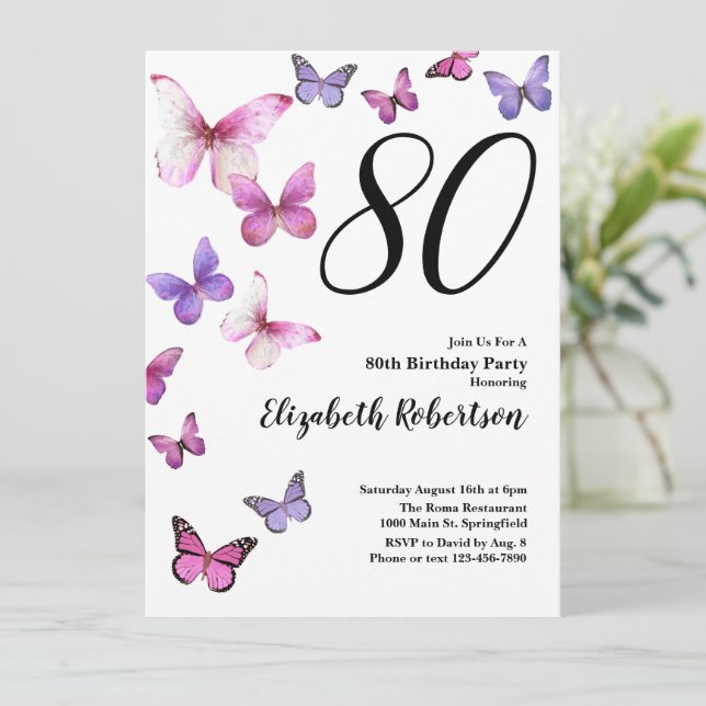 Papillon 80e anniversaire Invitation en rose /pour (Debout devant)