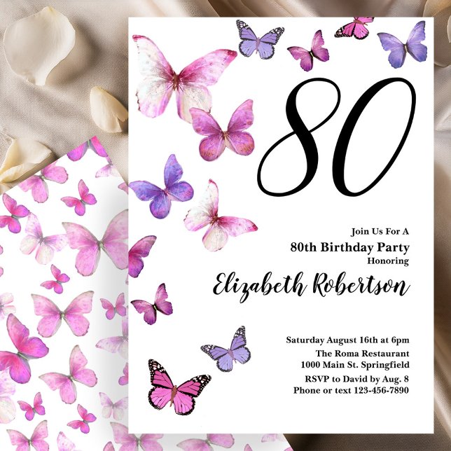 Papillon 80e anniversaire Invitation en rose /pour (Créateur téléchargé)