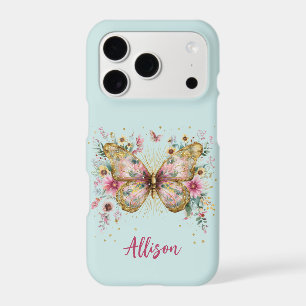 Papillon à nom personnalisé floral rose et ailes d