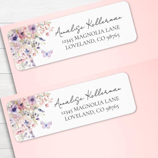 Papillon Adresse de Retour Fleur Sauvage (Butterfly Wildflower Return Address label)